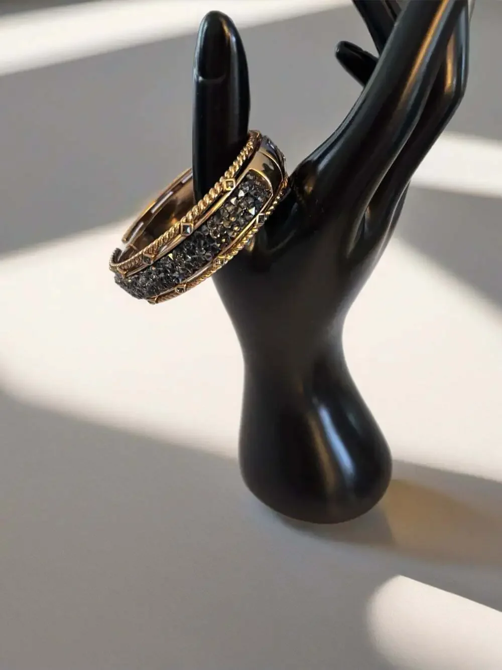 Brighton Retired Crystal Rocks Hinged Bangle Bracelet Gold Black Crystals.